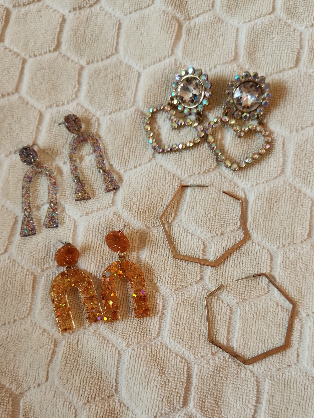 Mixed Statement Earring Lot — Gold, Iridescent, Orange
